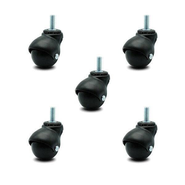 2 Inch Flat Black Hooded 3/8 Inch Threaded Stem Ball Casters SCC, 5PK